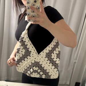 Handmade Crochet Tote Bag in off white and Gray